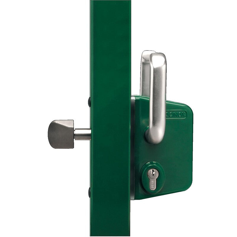 Sliding gate lock with European cylinder, 35 mm axle, profile 60, green. Explore our collection of electrical and construction supplies at Nigeria-Materiels.com. We are your reliable partner.