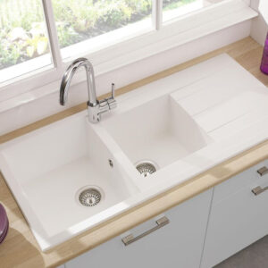 PRIMEO built-in sink with 2 white synthetic bowls and drain 110x50 cm. Nigeria-Materiels.com offers a wide range of electrical and construction materials. Your success is our mission.