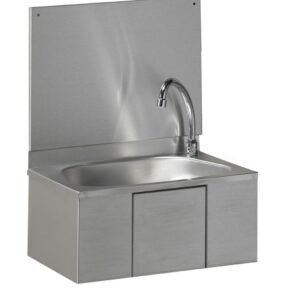 MODERNA hand wash basin in 18/10 stainless steel standard, flap control, oval basin with drain and swan neck, 45x38cm backsplash, Ref.SGLA043Z01. Shop for premium plumbing and electrical products at Nigeria-Materiels.com. We deliver quality and reliability.