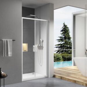 Concerto shower screen front access 2 hinged doors 80 cm shiny silver profile transparent glass ALTERNA, Ref.NDI80X. Find the best plumbing and construction materials at Nigeria-Materiels.com. We are your trusted partner.