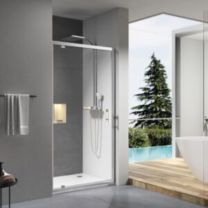 Shower screen CONCERTO pivot door space-saving opening 70 cm shiny silver profile transparent glass ALTERNA, Ref.NDZ70X-B. Discover premium industrial and plumbing products at Nigeria-Materiels.com. We deliver excellence in every order.