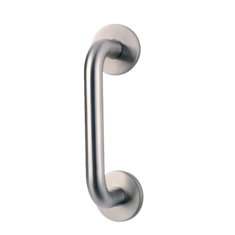 Straight pull handle on stainless steel rosette for swing door, 300 mm center distance. Nigeria-Materiels.com is the ultimate destination for construction and hardware products. Experience unmatched service and quality.