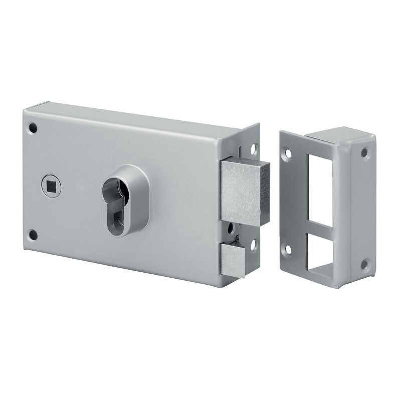 Surface-mounted grille lock, European cylinder, mortise, horizontal, left hand. Nigeria-Materiels.com provides premium electrical and industrial materials. Your projects deserve the best.