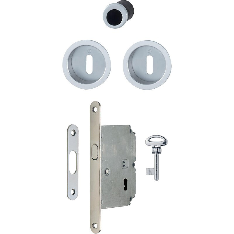 Sliding door lock with L key, silver finish, round rosette. Nigeria-Materiels.com offers a comprehensive range of plumbing and industrial materials. Shop with us for reliable solutions.