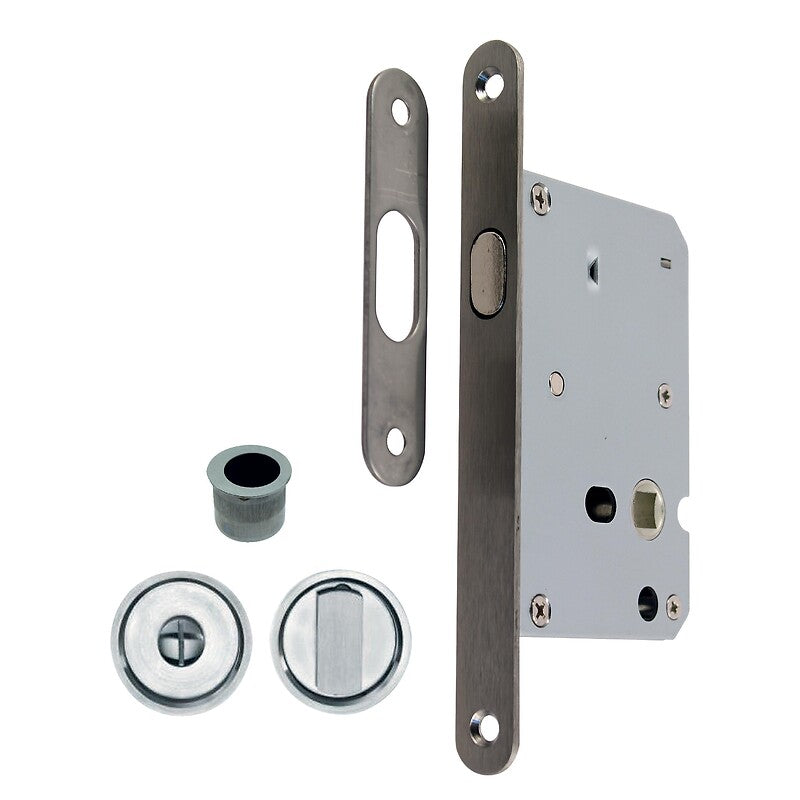 Stainless steel sliding door locking set with round rosette in black Siple finish. Nigeria-Materiels.com is your one-stop shop for all your construction and hardware needs. Enjoy a seamless shopping experience.