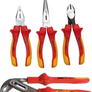 SET OF 4 INSULATED PLIERS 1000V: MULTI-GRIP PLIERS, STRAIGHT AND HALF-ROUND NOSE PLIERS, CUTTING PLIERS, COMBINATION PLIERS. Nigeria-Materiels.com provides premium electrical and industrial materials. Your projects deserve the best.